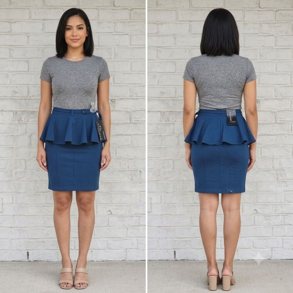 NWT Boom Boom Jeans Platinum Ponte Blue Peplum Ruffle Waist Pencil Skirt Small